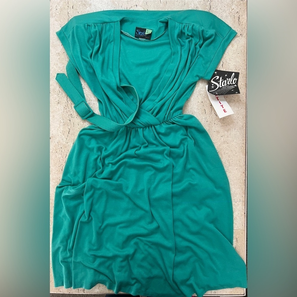 NWT Vintage Starlo Fashions Plunging/Belted 70’s-80’s Green Dress 10 Petite
